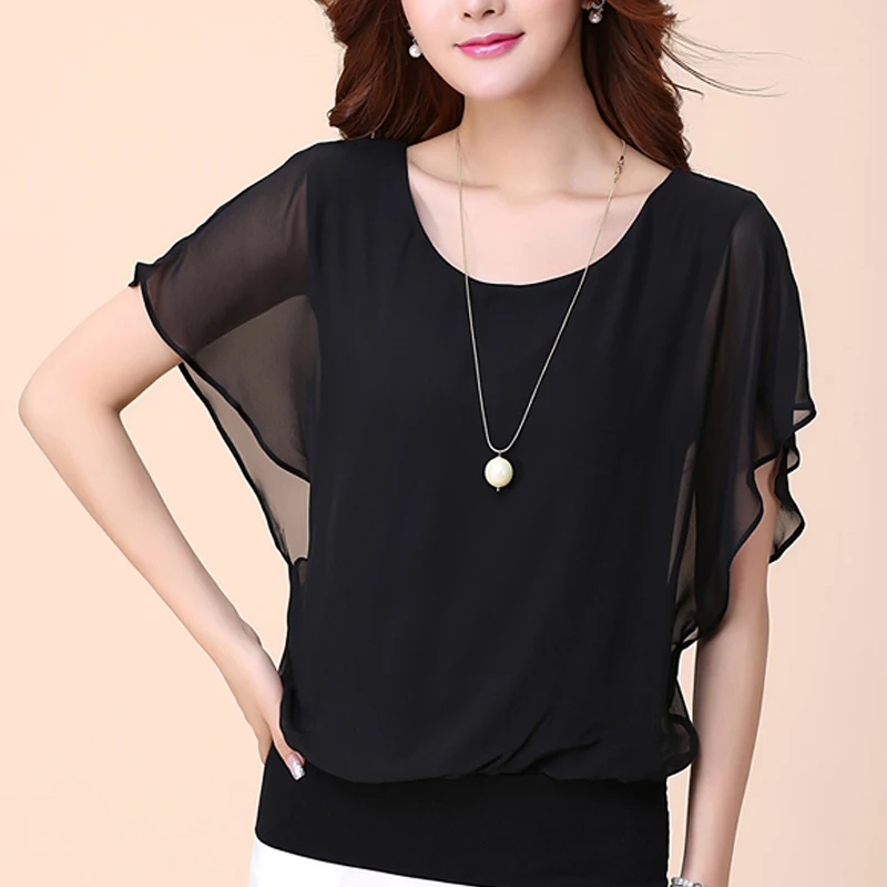 5 Colors Short Bat Sleeve Chiffon Loose T-shirt Casual Women Solid Elegant Polyester Blouse