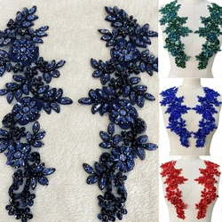 Handmade rhinestones lace trim patches sew on beads sequins deepblue/red/deepgreen/white applique one pair/bag