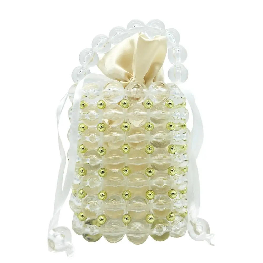 Boutique De FGG Mini Transparent Clear Beaded Purses and Handbags Wedding Bridal Totes Clutch with Long Beaded Shoulder Strap