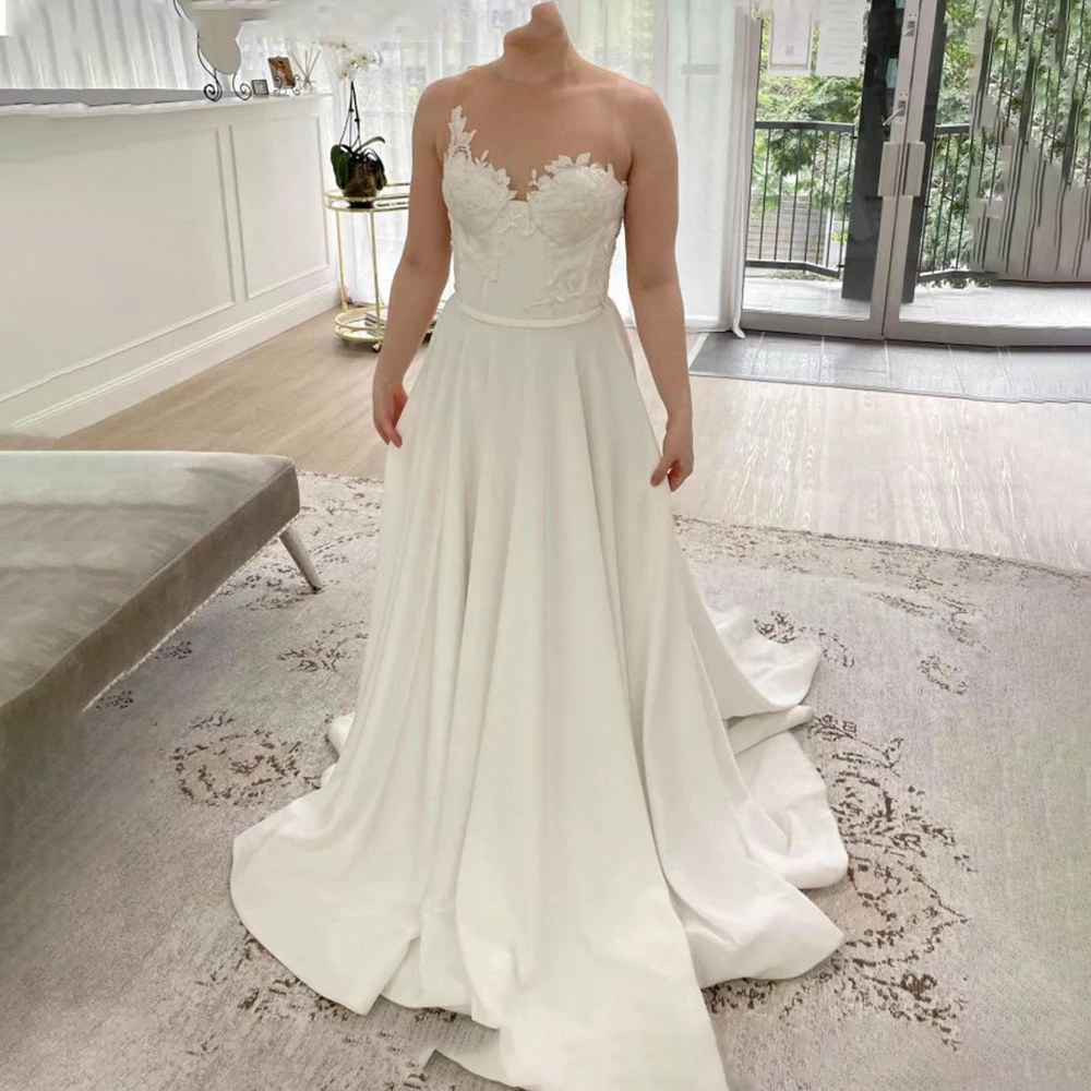 

Illusion White Bridal Gowns Ivory Wedding Dresses O-Neck A Line Formal Custom Plus Size Applique Sleeveless New Satin