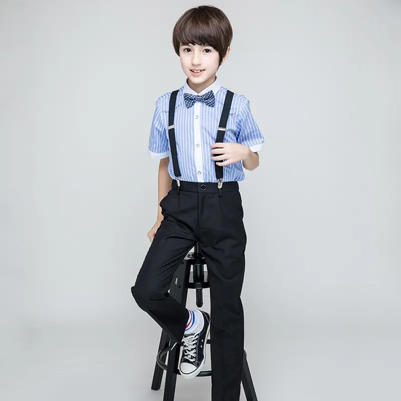 Formal Boys Summer Striped Shirt Black Pants+Vest 4 6 8 10 12 14 16 17 Year Old Boutique  Flower Boys Clothes RKS194012