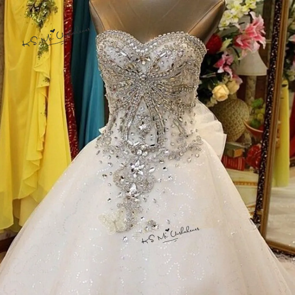 Arab Real Luxury Wedding Dress Crystals Robe de Mariage Long Train Bride Dresses 2020 Bow Bling Plus Size Trouwjurk