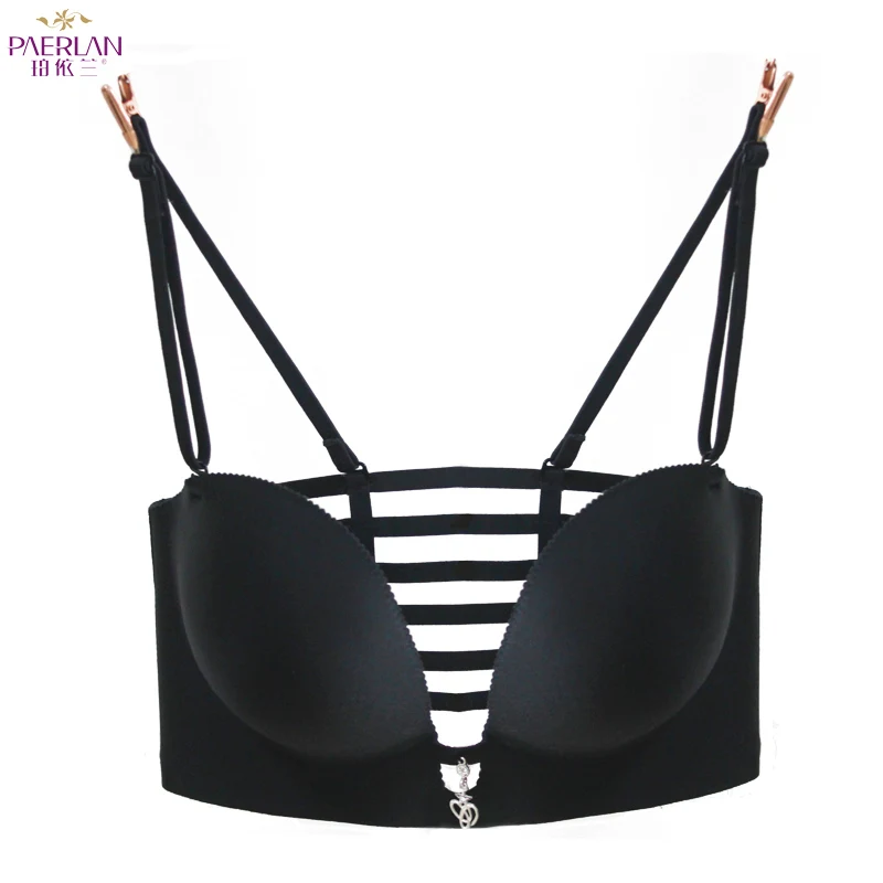 PAERLAN Beautiful back Sexy 1/2 Cup Bra Push Up Wire Free  Comfortable black Cross straps with strapless back underwear Women