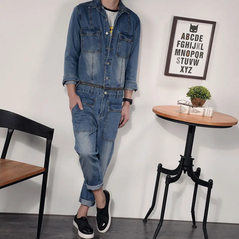 Overalls Men\'s Denim Jumpsuit Blue Lapel Long-Sleeved Jacket Hip-Hop Streetwear Waist Detachable Jeans Pants Casual Trousers