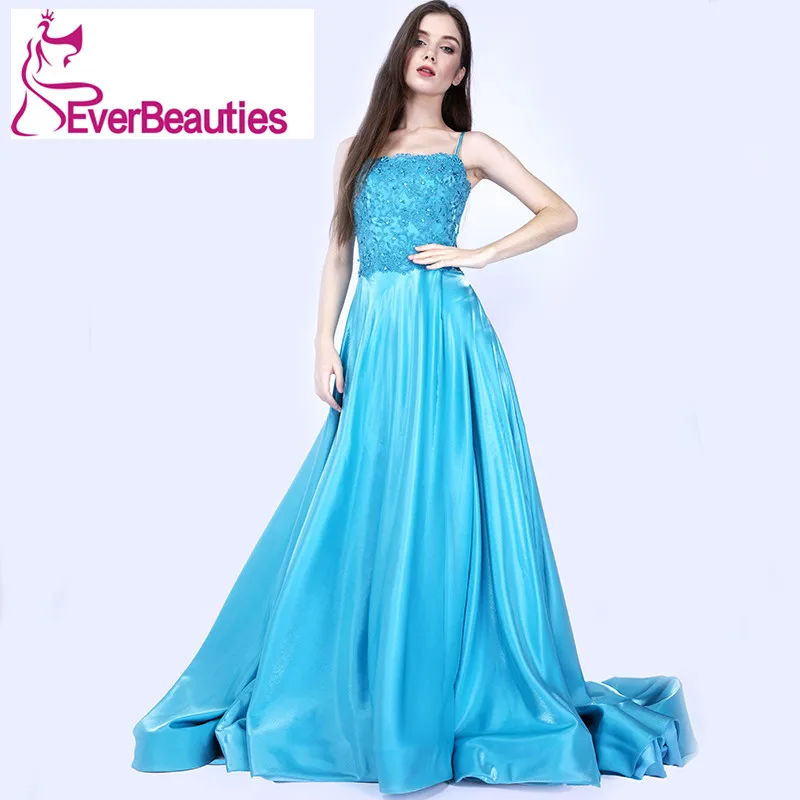 Robe De Soiree Abendkleid Lange 2020 Satin Formale Kleid Spaghetti-trägern Spitze Lange Prom Kleider mit Taschen