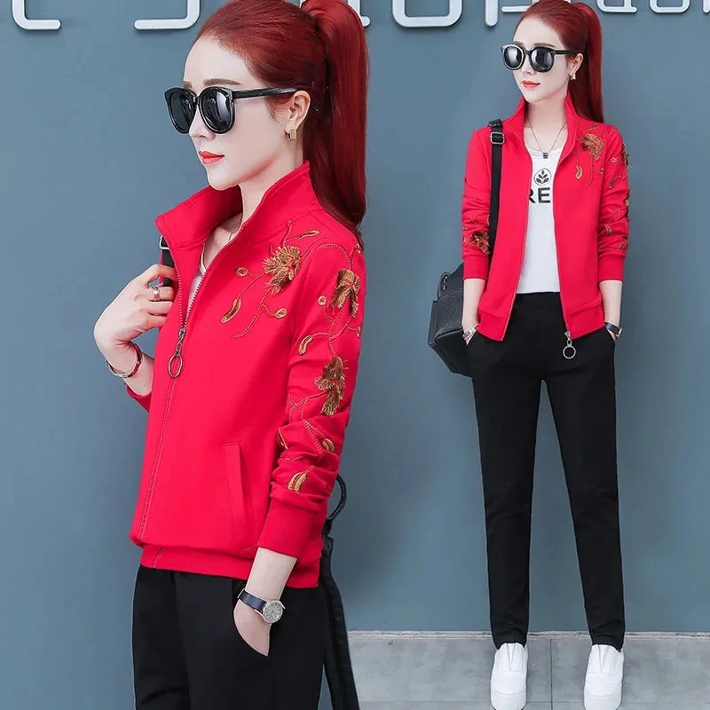 Embroidery Casual Tracksuit 3 Piece Set Women Outfits Fashion Zip Up Jacket + T-Shirt + Pants Sports Suit Ensemble Jogging Femme