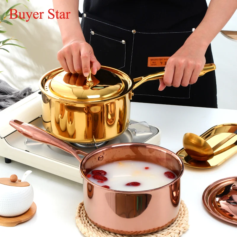 Thicken Golden stainless steel Boiling pot with lid kitchen soup Milk cooking pan long anti-heat handle cookware for restaurant