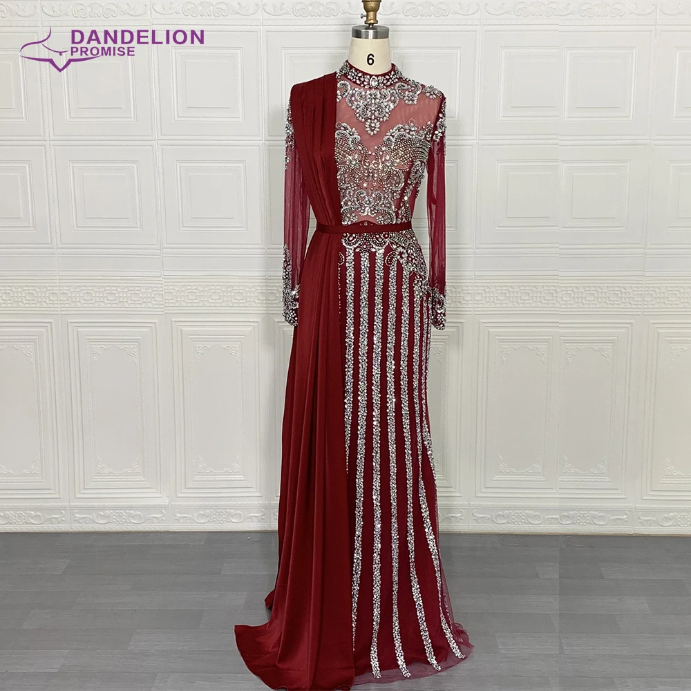 2020 Collection Gray Muslim Rhinestones Evening Dresses High Neck Dubai Long Sleeve Mermaid Gown For Women Party