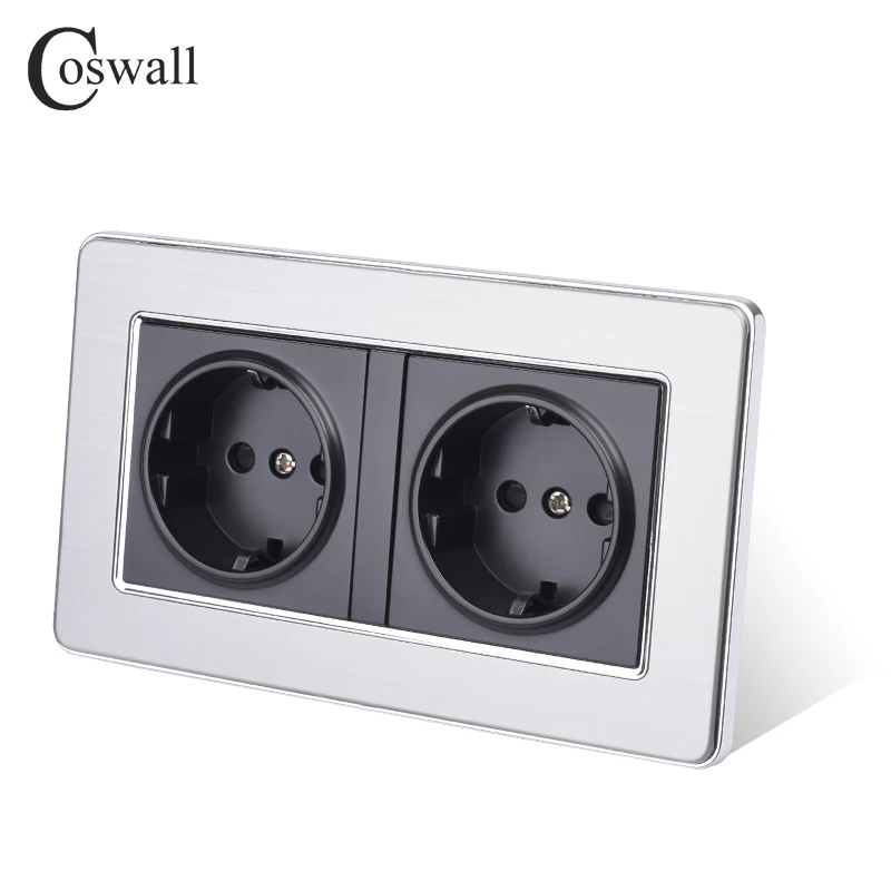 COSWALL 16A Double EU Standard Wall Socket Luxury Power Outlet Grounded Stainless Steel Panel With Children Protective Door