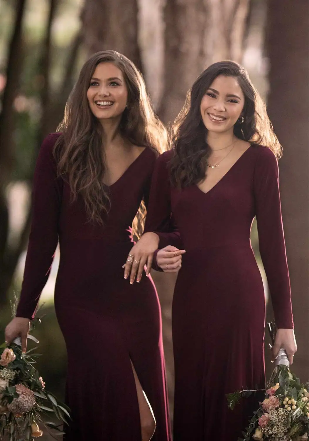 Burgundy Women Formal Wedding Bridesmaid Dress A-Line V-Neck Full Sleeve Backless Floor Length High Split Evening Party Gown New