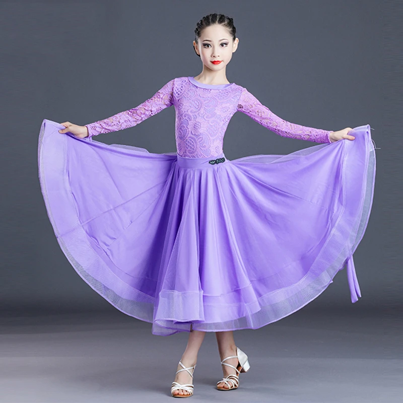 New Arrival Ballroom Dresses Girls Spring Waltz Dancing Competition Costume Lace Long Sleeve Stitching Performance Wear VDB5660