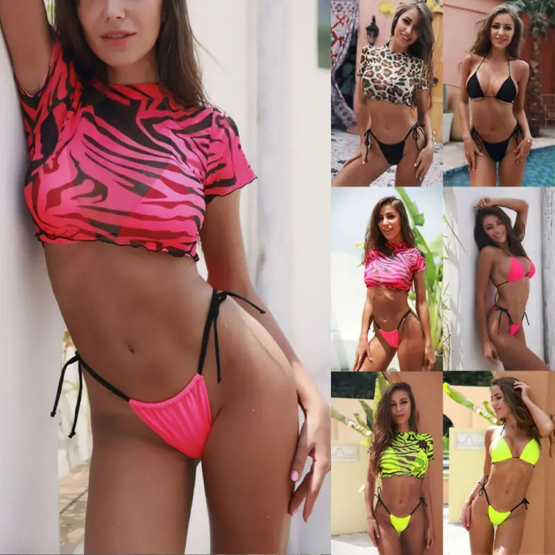 3PCS Women\'s Leopard Bikini Swimwear Swimsuit Bathing Beach Holiday Short Sleeve