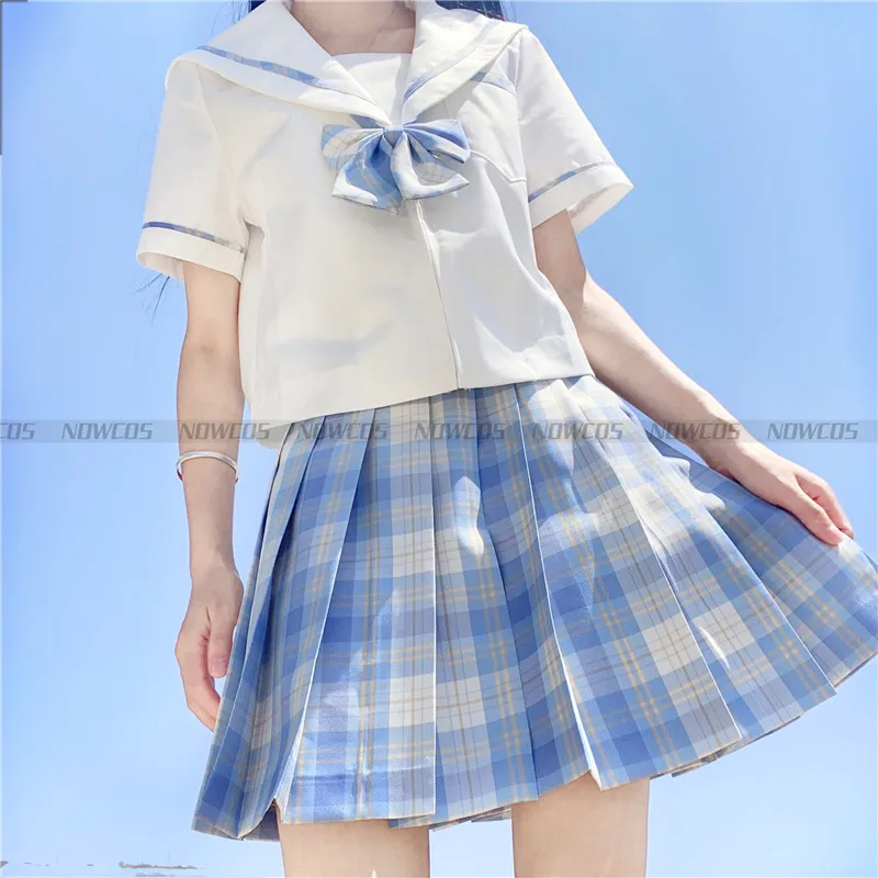 [Sorvete] Formal JK Uniforme Escolar Japonês Estudantes Menina Manga Curta Cintura Alta Xadrez Roxo Saias Plissadas Mulheres Vestido