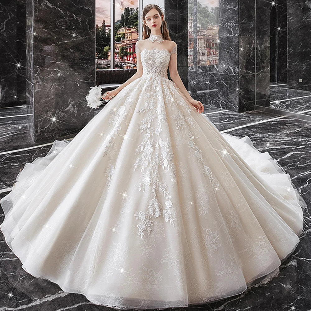 Vestido De Noiva Luxury Ball Gown Wedding Dress Tassel Short Sleeve Robes De Mariage High Neck Sukienka Na Wesele Hochzeitskleid