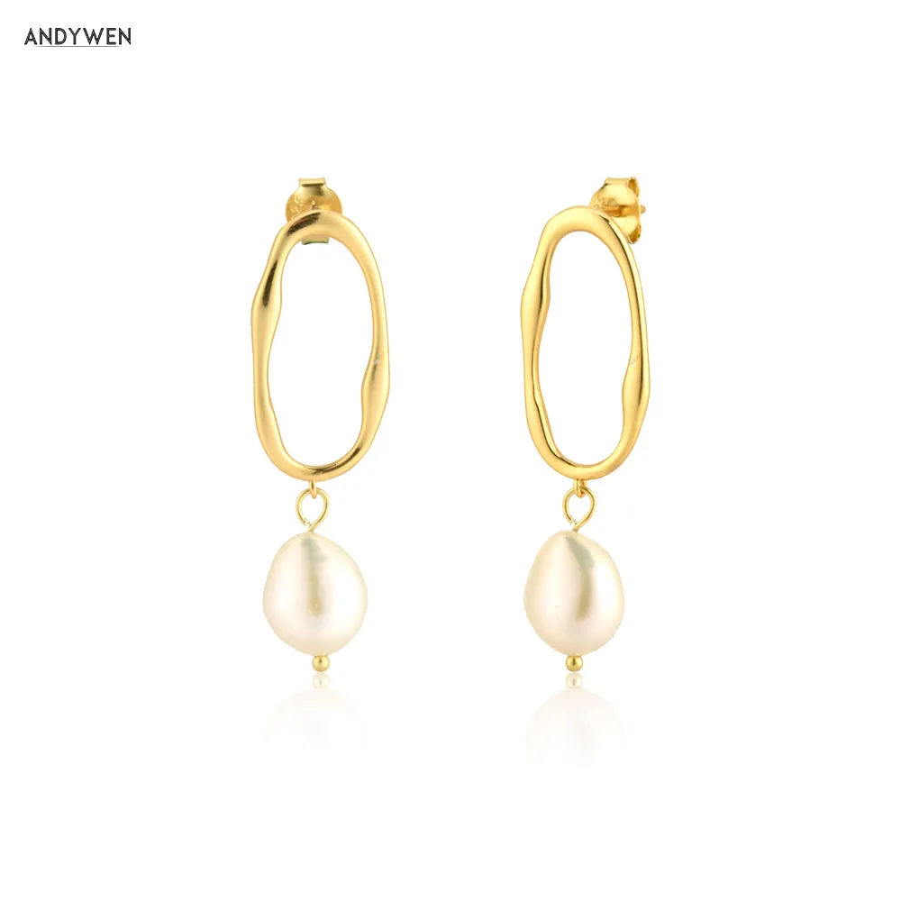 ANDYWEN 925 Sterling Silver Gold Irregular Pearl Drop Earring Women Fashion Clips Luxury Fashion Fine Jewelry 2020 Rock Punk