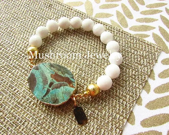 Boho River Stone Beaded Ocean Jasper Connector Ocean Jasper Charm Stretch Bracelet