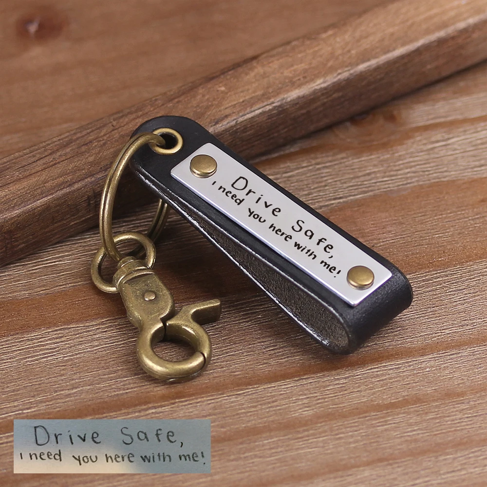 Vintage Genuine Leather Key Holder - Custom Latitude Longitude Key ring - Can Be Personalized With Your Handwriting