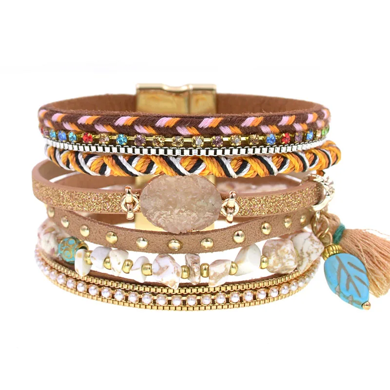 WELLMORE bohemia bracelets for women stone leather bracelets 3 size multilayer charm Bracelets & Bangles Female fashion Jewelry