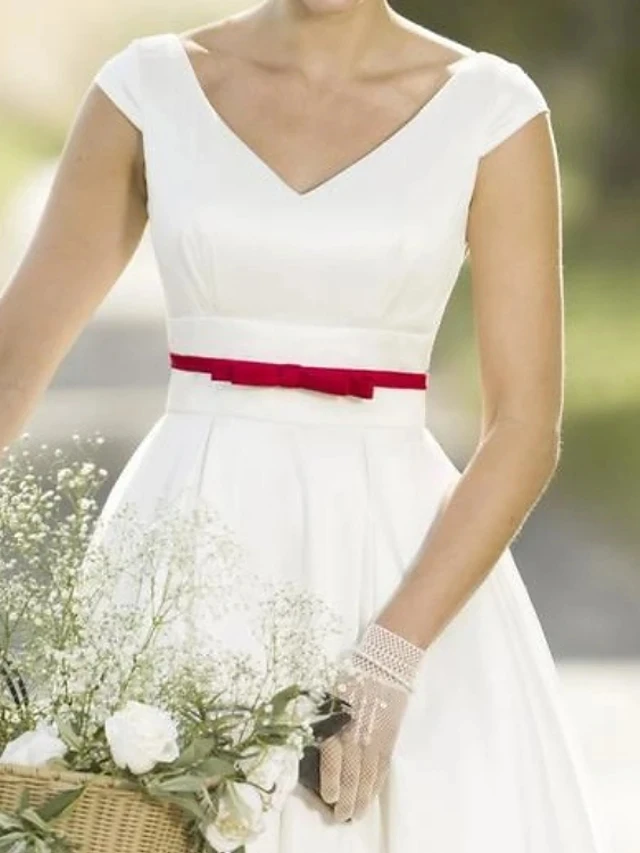 Vestidos De novia con cuello en V para playa, vestido De novia informal Formal De satén con banda roja, 2024