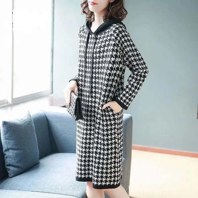 6XL Women\'s Dress 2024 Autumn Summer New Fashion Houndstooth Hooded Sweater Hoodie Dresses Winter Long-Sleeved Base Dress Female