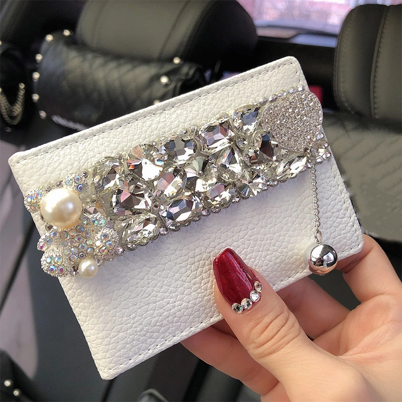 Car Driver\'s License Protective Case Rhinestone Bear Leather Ladies Driving Card Package Business Card Holder Storage Decor