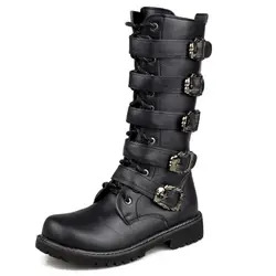 Botas masculinas de couro PU, botas de combate respiráveis, cinto gótico, sapatos punk rock meados da panturrilha, tamanho grande 38-46