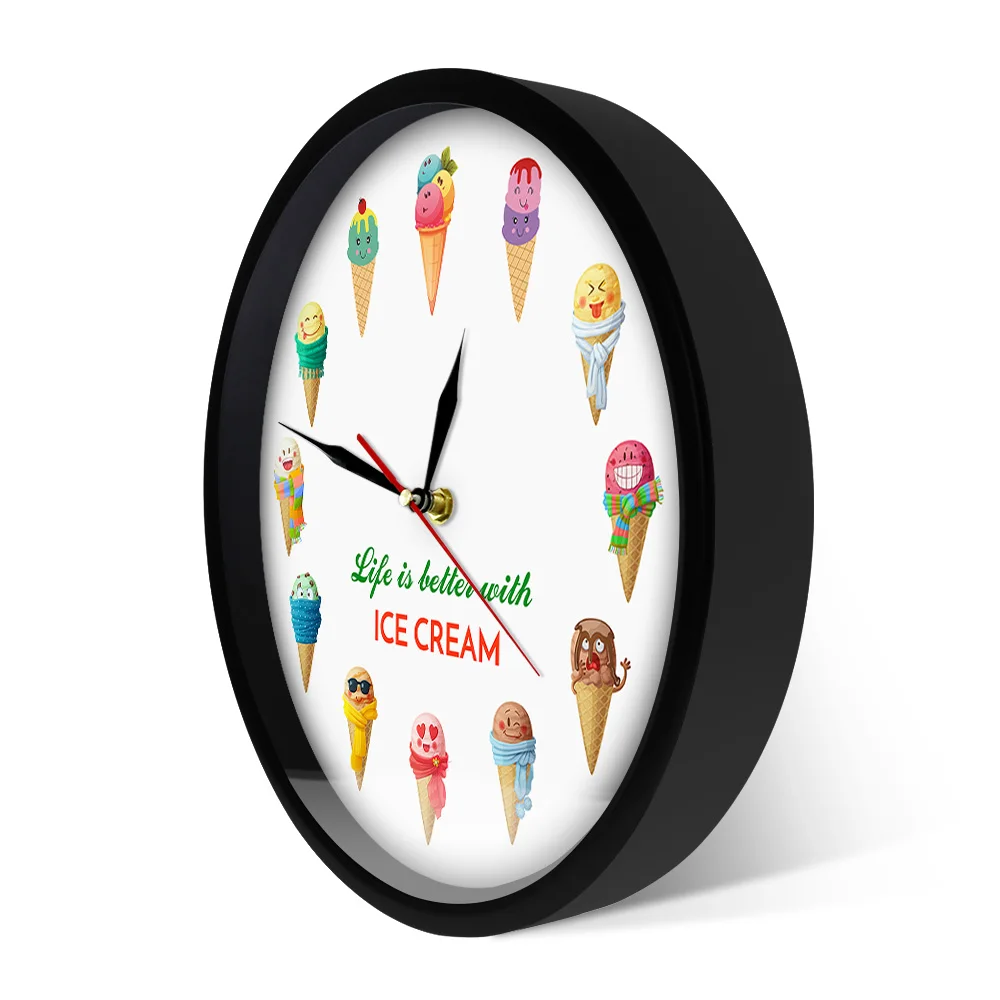 Life is better with ICE CREAM Cartoon Ice Cream Printed Dessert Wall Clock Kid Room Nursery Wall Art Kitchen Clock Wall Watch
