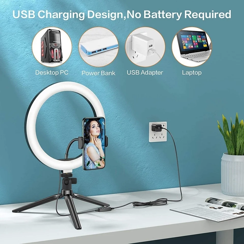 مصباح حلقي LED لصور السيلفي ، مصباح دائري مع حامل ثلاثي القوائم للصور والمكياج وحامل هاتف