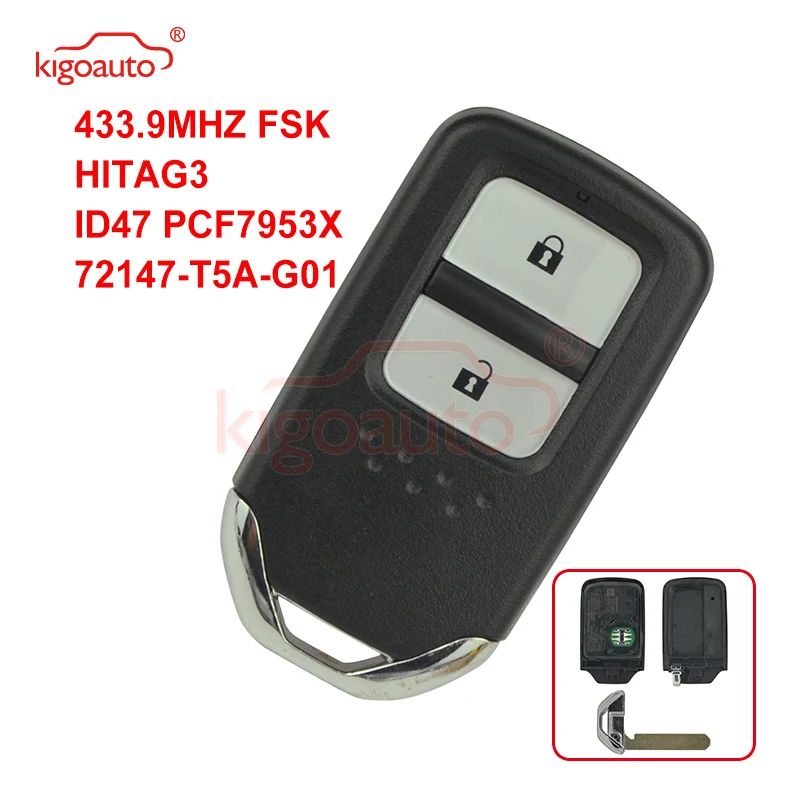 Kigoauto Smart Key 2 Button 433.9MHZ FSK HITAG-3 ID47 PCF7953X 72147-T5A-G01 For Honda CRV Crosstour Jade Keyless Remote