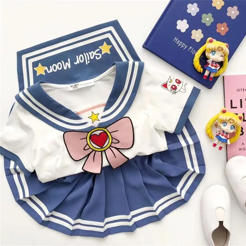 Baby Girls Clothes Sets Summer Bow Striped Tops Pleated Skirts Suits Cute Sailor Moon Cosplay Party Custume Children Clothes Set