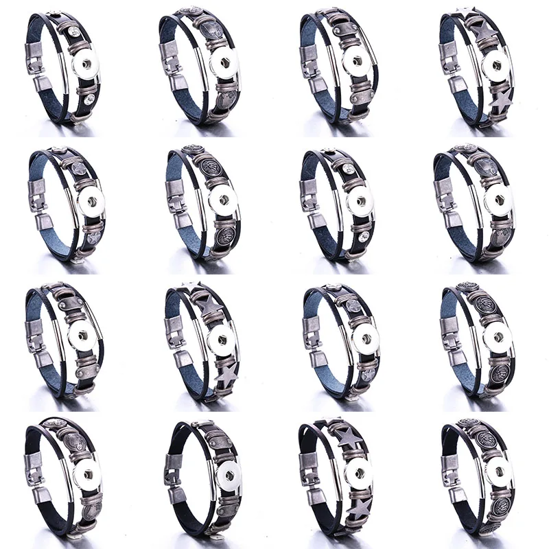 18MM Snap Button Jewelry Men's and Women's Leather Bracelet High Quality Snap Button Bracelet Mixed Styles 10 Pcs/Lot