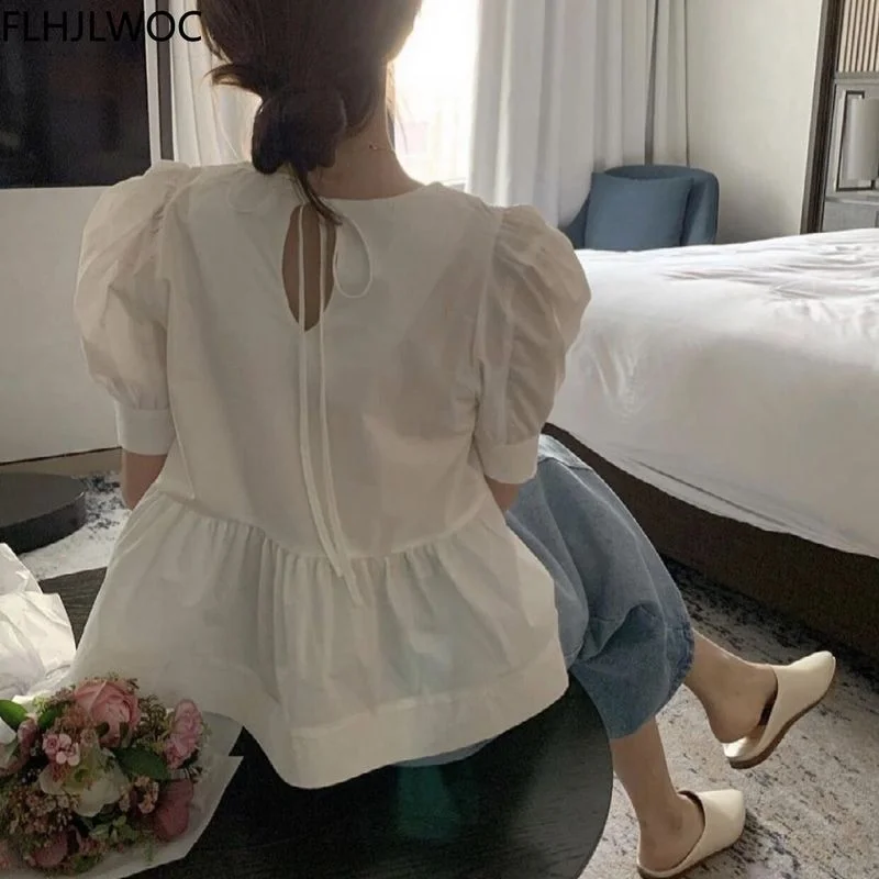 Puffy Shirts Cute Sweet Girls Japanese Style Women Bow Tie Tops Blusas Casual Solid White Ruffled Peplum Blouses