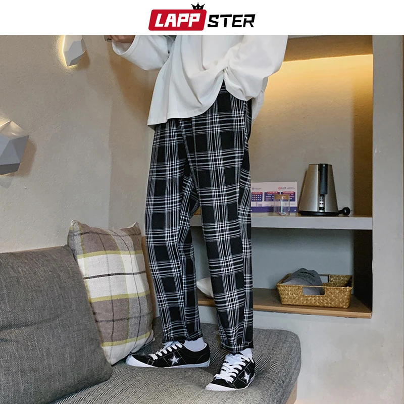 LAPPSTER Japanese Streetwear Baggy Black Plaid Pants Men Harajuku Sweatpants 2023 Man Casual Straight Joggers Pants Casual Pants