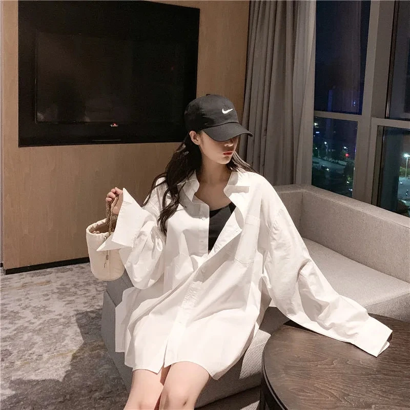 2024 Summer Oversize Long Sleeve Women\'s White Basic Shirt Pocket Button Up Loose BF Ladies Blouse Casual Female Clothing Tops