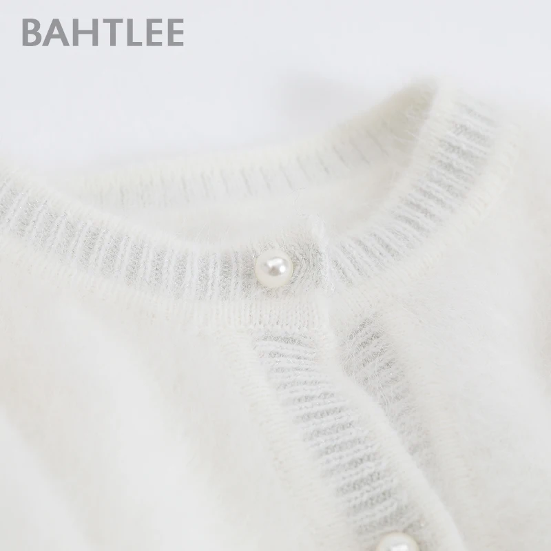 Bahtlee outono inverno feminino angora cardigans camisola lã malha jumper mangas compridas o-pescoço prata fio terno estilo pérola fivela