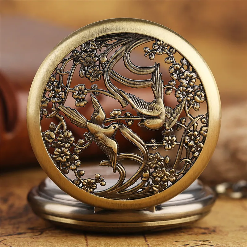 Steampunk Hollow Out Magpie Pocket Watch Unisex Skeleton Automatic Mechanical Watches Luminous Hands Fob Chain Pendant Clock