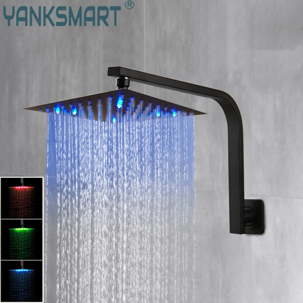 

YANKSMART Matte Black 8-16 Inch LED Square Rainfall Stainless Steel Shower Head Ultrathin Bathroom Shower Faucet Wall Mounted