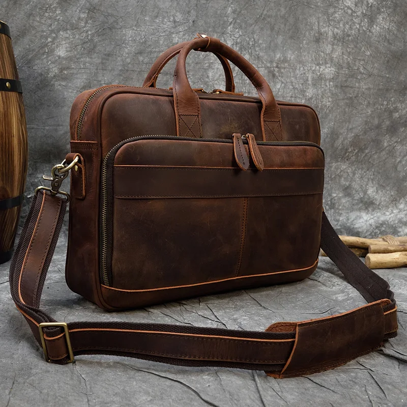 Vintage Men\'s Crazy Horse Genuine Leather Briefcase Cowhide Business Handbag Cow Leather Laptop Portfolio Shoulder Messenger Bag