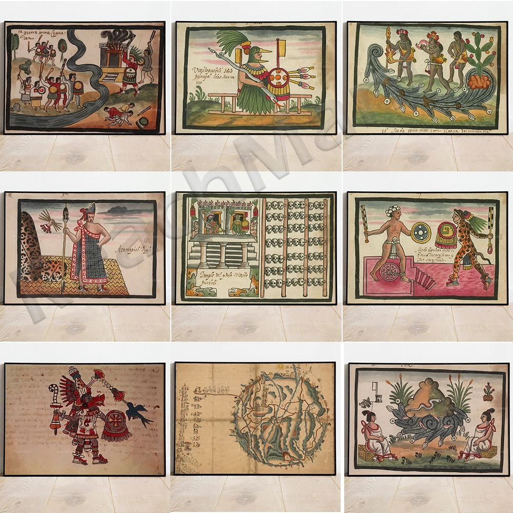 Mexico, Mexican Codex, Manuscript, Codex, Aztec/Central America Printed Canvas Printed Wall Art Ancient Mayan Decorative Poster