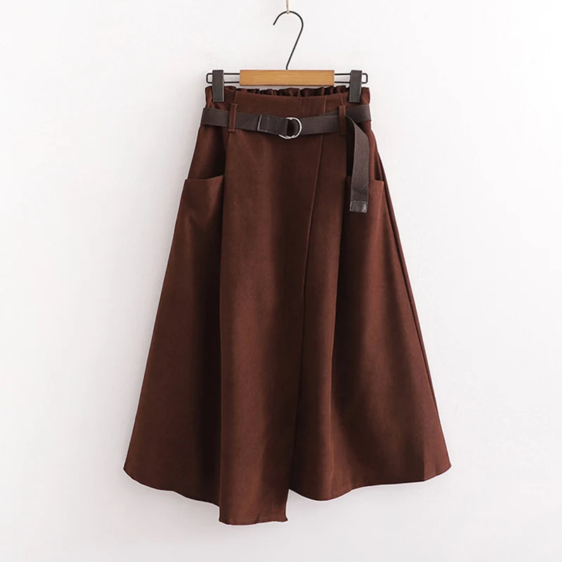 2023 Women Korean Style Fashion Elastic Waist Black Female Spring Autumn High Waist Midi Skirt with Belt Irregular Skirts Khaki