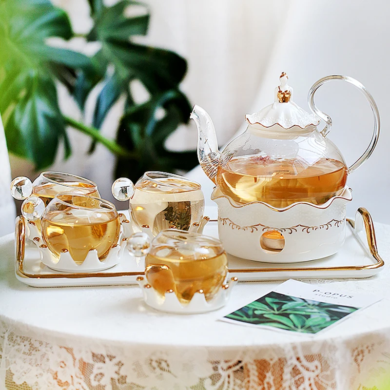 European Classical Tea Set Scented Tea Teapot Transparent Glass Crown Teacup Sets White Ceramic Trays Glass Cups Crown Saucer