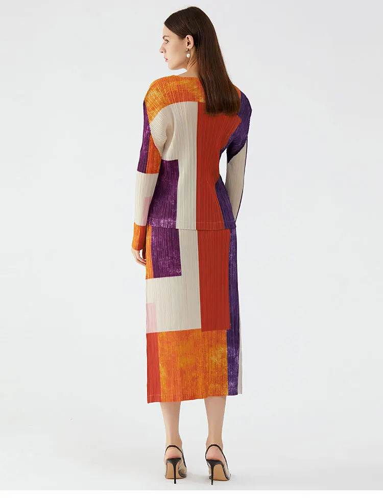 HOT SELLING Miyake fold fashion word long sleeve o-neck T-shirts + Straight skirt lattice print two-piece suit IN STOCK