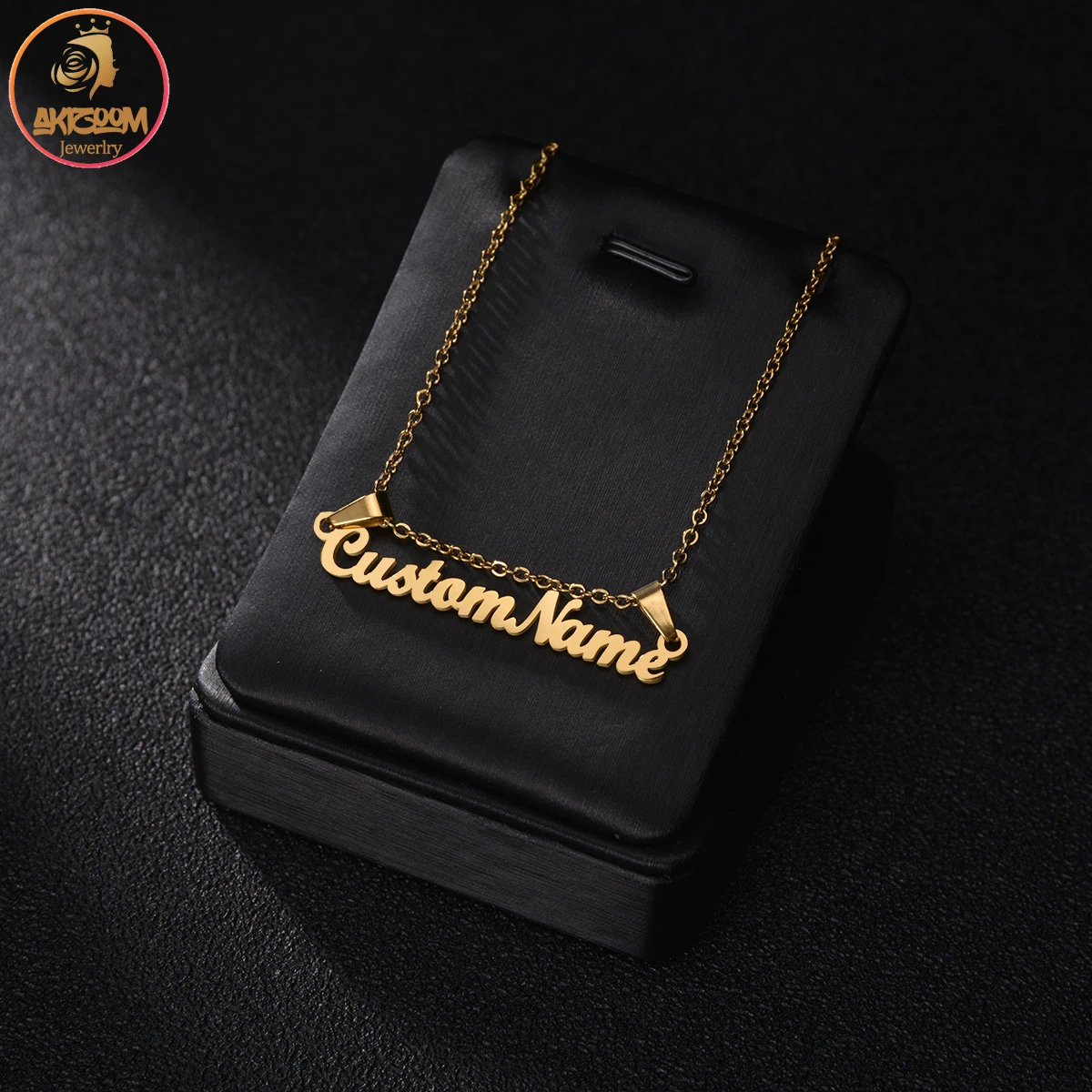 Akizoom Custom Name Necklace Gold Color Nameplate Pendant Stainless Steel Chain Two Hooks Jewelry for Women Customized Gift