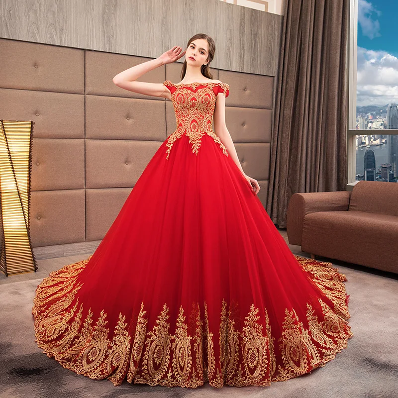 Red Wedding Dress Vestido De Noiva Classic Boat Neck Ball Gown Luxury Lace Robe De Mariee Plus Sise Wedding Gown