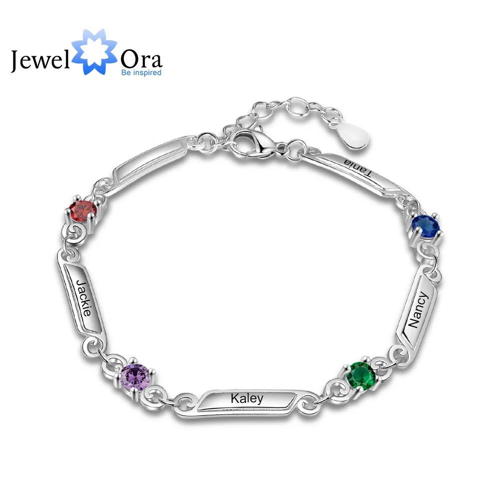 

Elegant Personalized Bracelets with 4 Birthstones Customized Family Names Engraved Bracelets & Bangles Trendy Jewelry Gift