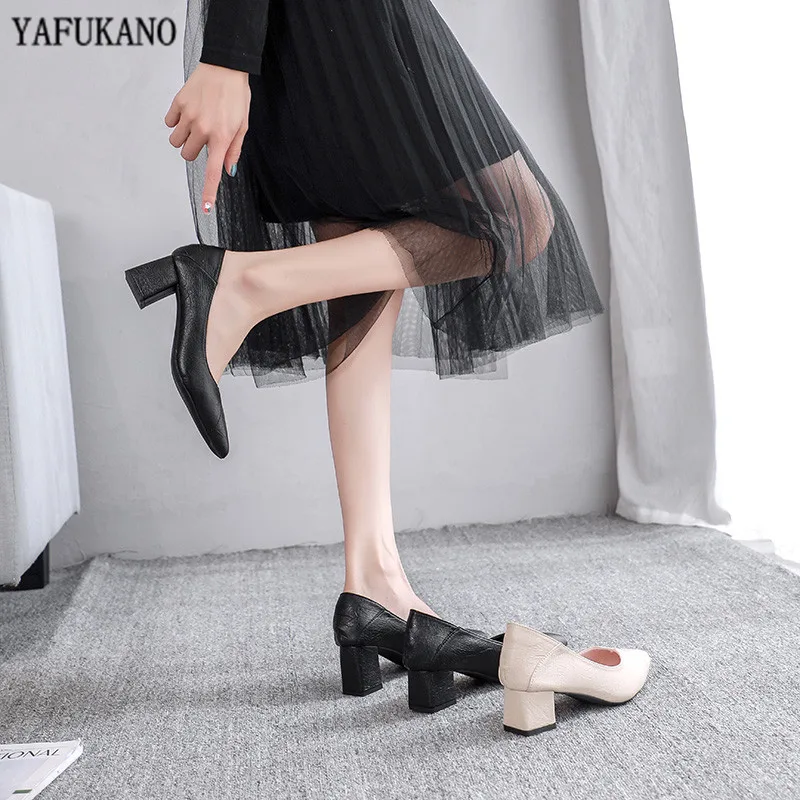 Simple Fashion Soft Leather Womens Pumps Square Heel High Heels 3Cm/5Cm Chunky Heel Black Career Work Shoes 2024 New Arrivals