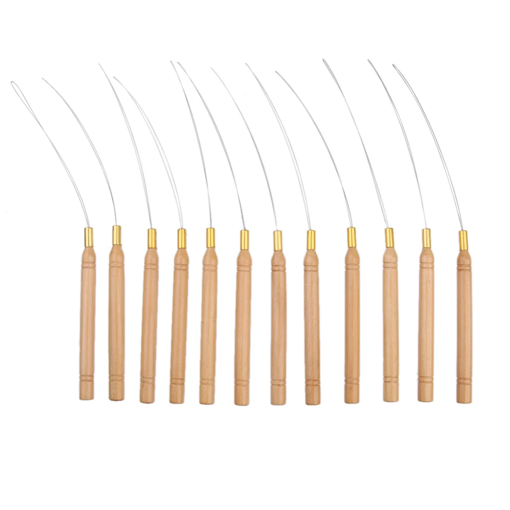 

12Pcs Micro Feather Hair Extension Wooden Loop Needle Micro Rings Loop Threader Pulling Needle Feather Extension Tools