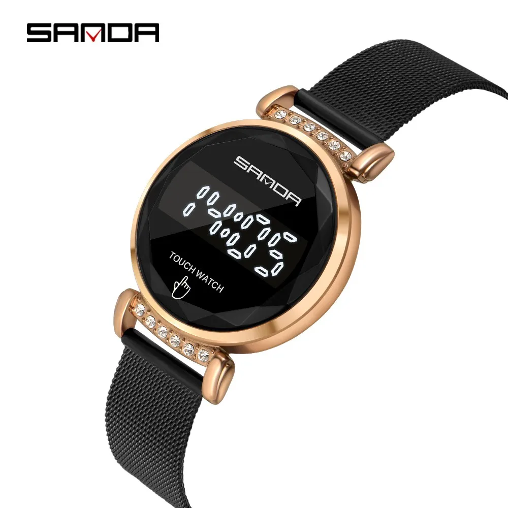 Luxury Women's Watch Fashion SANDA Top Brand Digital Wristwatch Touch Screen Waterproof Clock Ladies Dress Mesh Steel Watches