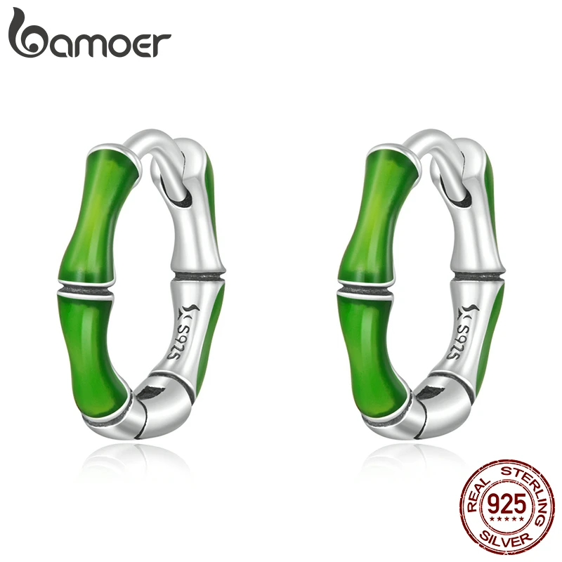 Bamoer Bamboo Ear Buckles Genuine 925 Sterling Silver Green Hoop Earrings for Women Fine Jewelry Sterling Silver Gift Brincos