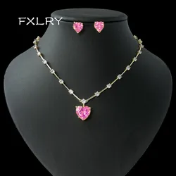 FXLRY Elegant AAA Cubic Zirconia Heart Earring and Necklace for Women Wedding Fashion Jewelry Set